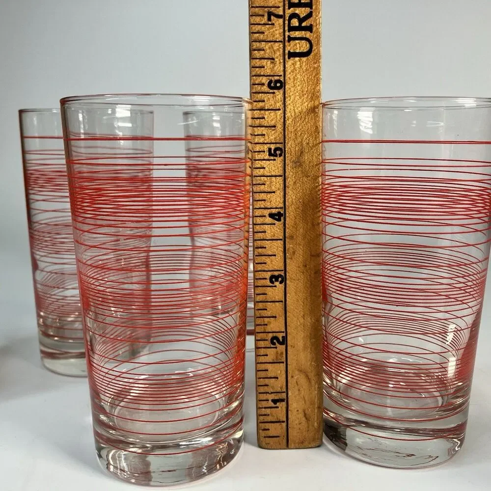 Vtg Lot of 7 Red Thread Stripe Drinking Glasses Tumblers 5.5